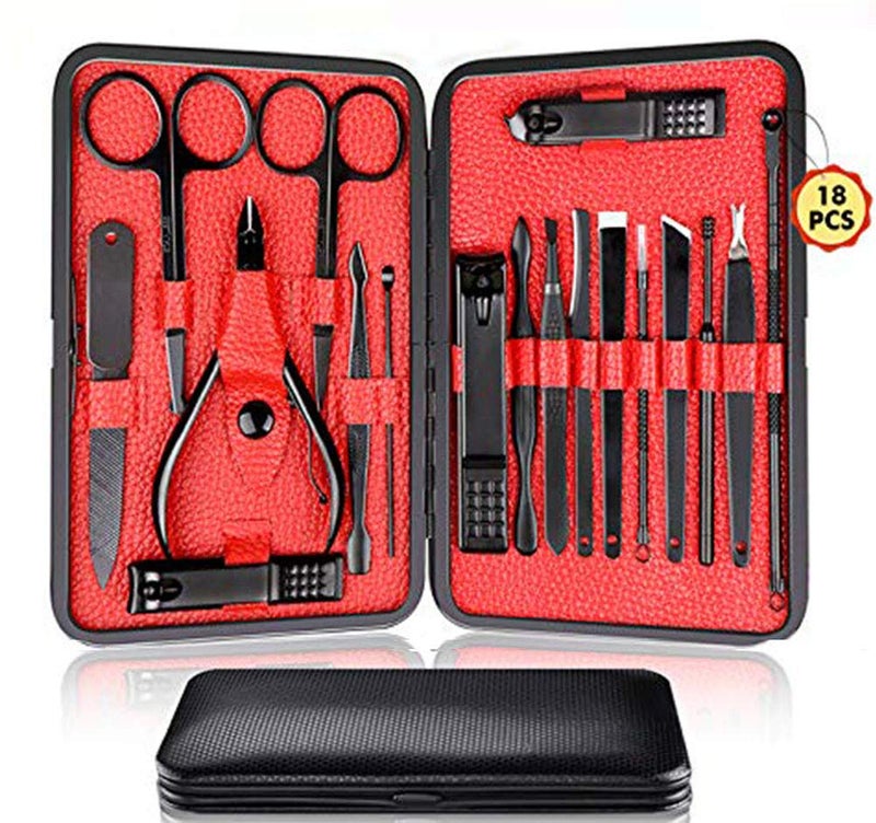 QLNE Manicure Pedicure Kit Nail Clippers Set 18 in 1 High Precision Stainless Steel Cutter File Sharp Scissors for Men & Women Fingernails & Toenails Vibrissac Scissors with Stylish Case (Red_18in1) - Image 1
